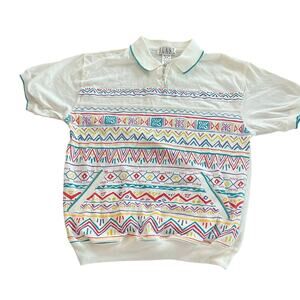 VTG 1980’s Women’s Briarcliff Aztec White Golf Polo Sweater, Size Petite S